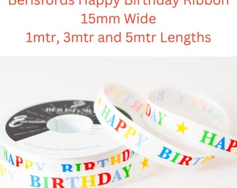 Rainbow Happy Birthday Ribbon, Berisfords White Polyester Ribbon, 15mm