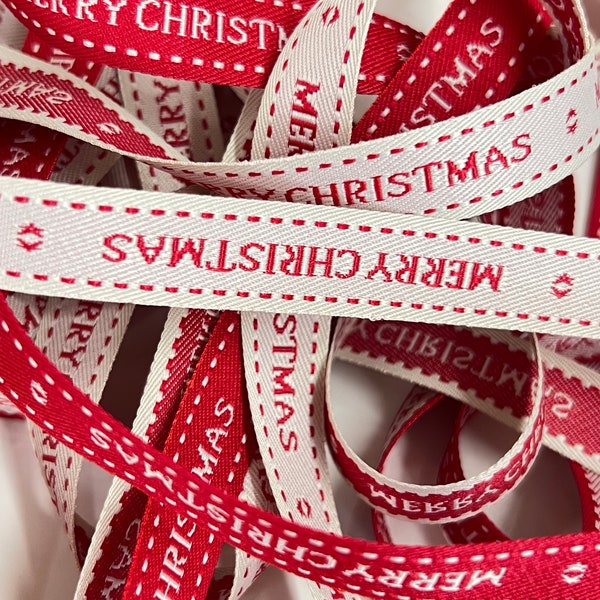 Merry Christmas Woven Ribbon in Red and Cream, Printed Festive Ribbon For Gift Wrapping, Christmas Decorations, Floral Wreaths and Bows