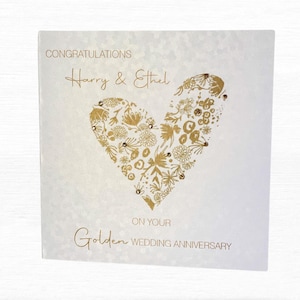 Carte d'anniversaire de mariage dorée, carte personnalisée de joyeux 50e anniversaire de mariage pour amis, parents, carte de mariage de cinquante ans faite main