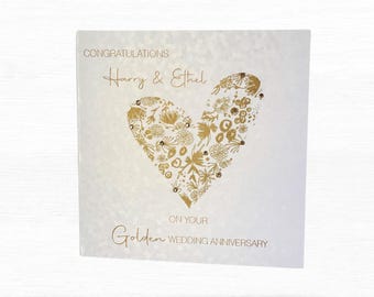 Personalised Golden Wedding Anniversary Card, Handmade 50th Anniversary Card Hand Finished with Gold Gemstones