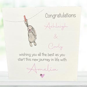 Carte d'adoption personnalisée pour fille, félicitations pour l'adoption de votre fille, jolie carte avec un lapin mignon et des pierres précieuses roses