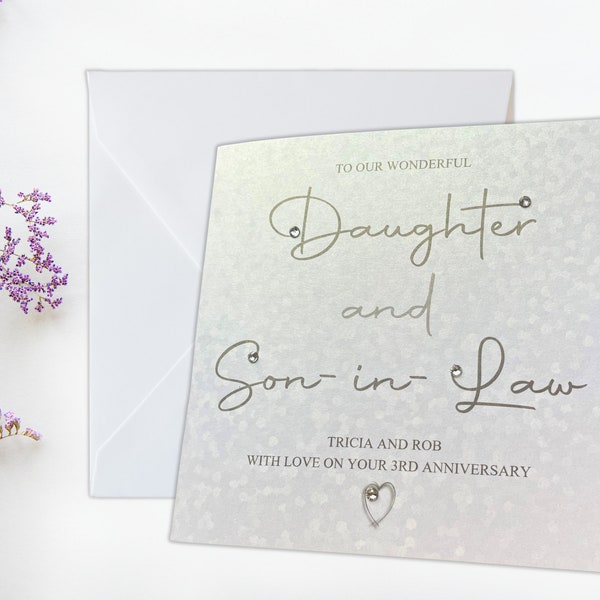 Personalised Daughter and Son-in-Law Wedding Anniversary Card, Contemporary Happy Wedding Anniversary Card, Any Number Number Of Years