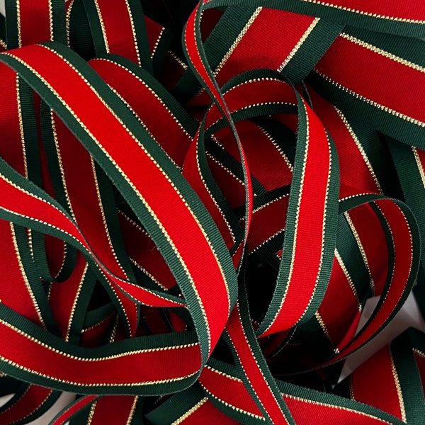 Christmas Ribbon with Scarlet Red, Hunter Green and Gold Stripes, Berisfords Retro Festive Ribbon Perfect For Xmas Wreaths and Gift Wrapping