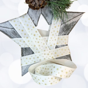 Weisses Ripsband mit Metallic Gold Stern Print, Berisfords Glitzerstern, 25 mm breit, 1 m, 3 m und 5mtr Länge