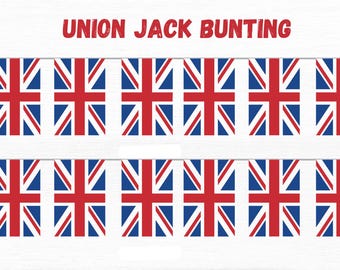 May include: A string of Union Jack bunting with red, white, and blue flags. The bunting is made of fabric and has a white background.