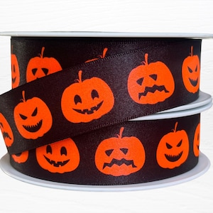 Halloween Ribbon, Black Polyester with Orange Pumpkin Print, 25mm Wide