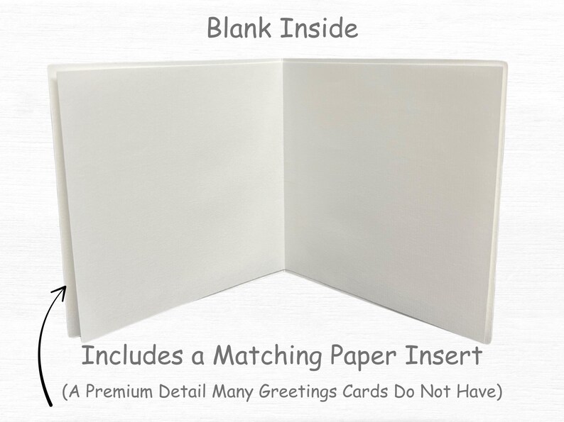 Może przedstawiać: Otwarta biała kartka z pozdrowieniami z tekstem "Blank Inside" na g&oacute;rze. Tekst na dole brzmi "Includes a Matching Paper Insert". Karta jest pusta w środku, gotowa na spersonalizowaną wiadomość.