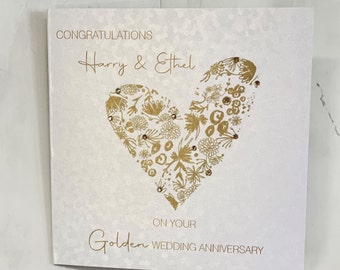 Golden Wedding Anniversary Card, Personalised Happy 50th Wedding Anniversary Card For Friends, Parents, Handmade Fifty Years Married Card