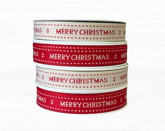 Merry Christmas Woven Ribbon, Red and Cream, Berisfords UK