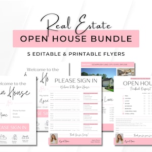 May include: A bundle of five editable and printable flyers for real estate open houses. The design features a pink banner with the text "Real Estate OPEN HOUSE BUNDLE" and includes sign-in sheets and feedback request forms. The flyers have a clean, modern design.