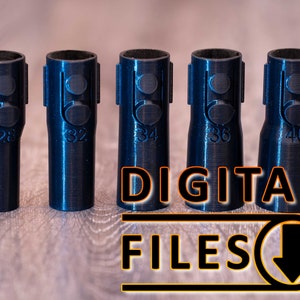May include: Five 3D printed blue plastic adapters with different sizes labelled 28, 32, 34, 36, and 40. The adapters are on a wooden surface. DIGITAL FILES download icon.