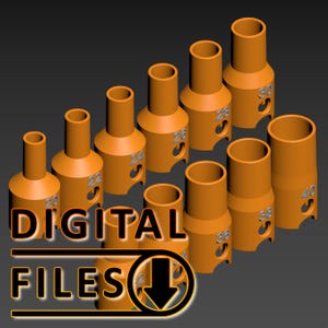 Puede incluir: Colección de archivos digitales naranjas, con objetos cilíndricos de varios tamaños. Cada objeto tiene un número del 20 al 40, que indica una medida. El texto "DIGITAL FILES" se muestra en naranja. Fondo gris oscuro.