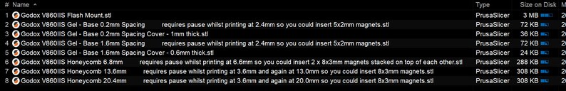 May include: A screenshot of a list of downloadable files for a Godox V860IIS flash mount. The list includes the file name, size, and type. The files are for a 3D printer and are in the STL format.