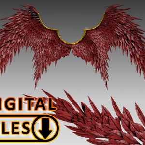 Puede incluir: Un par de alas grandes, rojas y emplumadas con detalles dorados. Las alas están extendidas ampliamente y parecen estar hechas de plumas afiladas y puntiagudas.