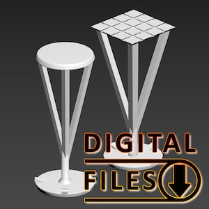 May include: Two white, geometric, tripod-style tables with square and round tops. The tables are made of a smooth, white material.