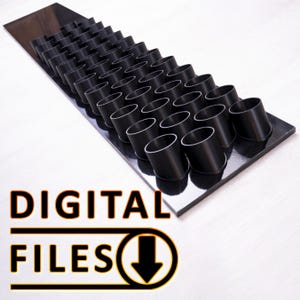 May include: A black rectangular display with rows of black cylindrical objects with white rims. The words "DIGITAL FILES" are displayed in orange and black, with a downward arrow symbol.