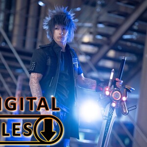 May include: A cosplayer dressed in a black leather jacket and blue jeans, holding a silver sword with a complex design and glowing red lights. The sword has a black handle and a silver blade.