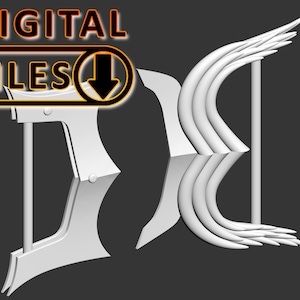 May include: A 3D printed model of a pair of white, curved, and angular weapons. The weapons are designed to look like a pair of swords with a sharp point at the end. The weapons are designed to be used in a fantasy setting.