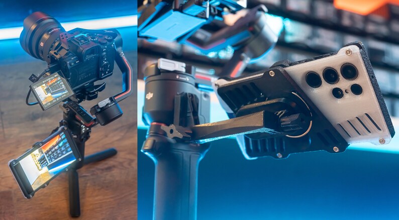 May include: A black camera with a lens attached is mounted on a black and red camera stabiliser. The camera is pointed towards a small screen attached to the stabiliser. The stabiliser is on a tripod. A second image shows a white smartphone with a black case attached to a black camera stabiliser.