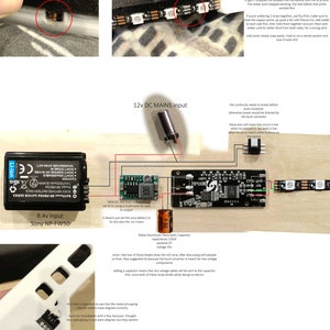 Pode incluir: Um diagrama que mostra a fia&ccedil;&atilde;o de uma fonte de alimenta&ccedil;&atilde;o de 12V DC para um conversor buck, um capacitor eletrol&iacute;tico de alum&iacute;nio radial e uma bateria. O diagrama inclui r&oacute;tulos de texto para cada componente, incluindo "Entrada 12V DC MAINS", "Entrada 8,4V", "Sony NP-FW50", "Conversor buck MIN DC 360", "Capacitor eletrol&iacute;tico de alum&iacute;nio radial" e "SP110E".