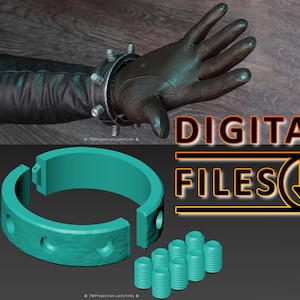 Puede incluir: Un brazalete impreso en 3D de color turquesa con un diseño dividido y tornillos. El brazalete se muestra en dos piezas, con un juego de tornillos incluido.