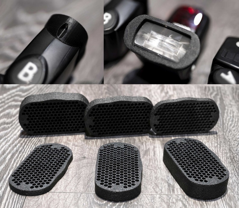 May include: Five black honeycomb-shaped foam light diffusers for a flash. The diffusers are designed to soften the light from a flash and create a more natural look.
