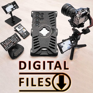 May include: A black phone case with a textured surface and a circular cutout in the center. The case has multiple camera lenses on the back. The case is surrounded by various digital devices, including a phone, a camera, and a keyboard.