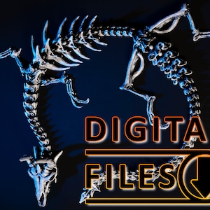 May include: A 3D printed model of a dinosaur skeleton in white. The skeleton is posed dynamically with its tail curled around its body. The image includes the text "DIGITAL FILES" and a download arrow.