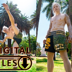 May include: A man wearing black and gold Muay Thai shorts with a dragon design. The shorts have the text "TMB" and Thai text on them. The man is standing in a park with palm trees in the background.