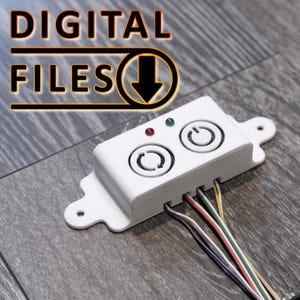 May include: A white 3D printed enclosure with two buttons and two LEDs. The buttons are labeled with a power symbol and a circular arrow. The LEDs are red and green. The enclosure has six wires coming out of it.