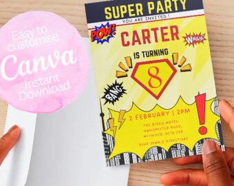Verjaardagsuitnodiging met superheldenthema | Bewerkbare feestuitnodiging voor verjaardag | Digitale download | Canvassjabloon