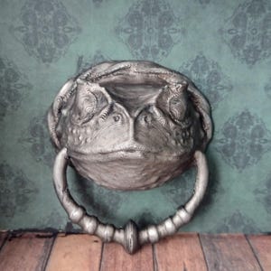 May include: A silver frog-shaped door knocker with a textured surface and a curved handle. The background features a teal wall with a patterned design and wooden flooring. The knocker is designed to be mounted on a door.