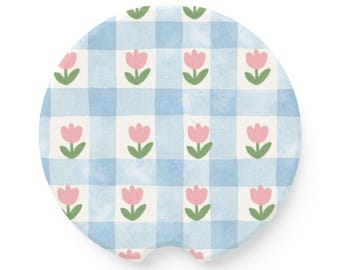 Pink Tulip Car Coaster | Blue Gingham Soapstone Drink Coaster