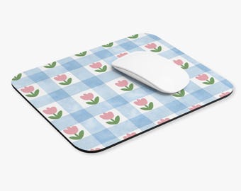Pink Tulip Check Pattern Mouse Pad | Blue Gingham Floral Desk Mat