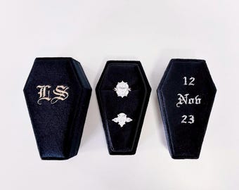 Personalized Velvet Ring Box Gothic Style  Ring Box Engrave Embroidery Monogram Custom Initials Wedding Ring box Engagement gift