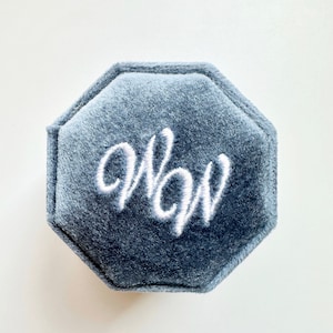 Op de afbeelding: Een grijze fluwelen ringendoos met het woord "NOW" geborduurd in wit.