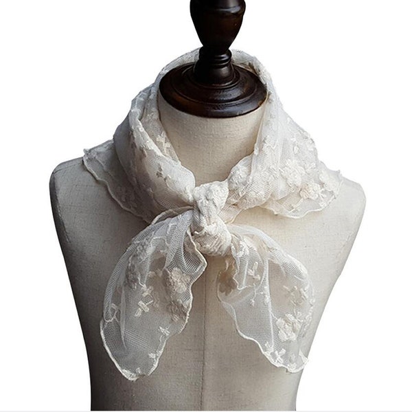 Women Lace Bandana Neckerchief, Ladies Neck Scarves, Wedding Necktie Kerchief, Small Head Hair Wrap, Summer Decor Light Square Scarf, Beige