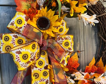 Sunflower Wreath with Ribbon Bow Wreath, Rustic Sunflower Fall Wreath, Sunflower Ribbon Wreath, Farmhouse Sunflower Wreath