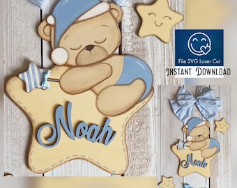 Bear on the star, Teddy bear, Baby Name Sign, laser cut files SVG, Set Nursery Name Sign, Baby Boy Girl, Multi-layer, laser cut files