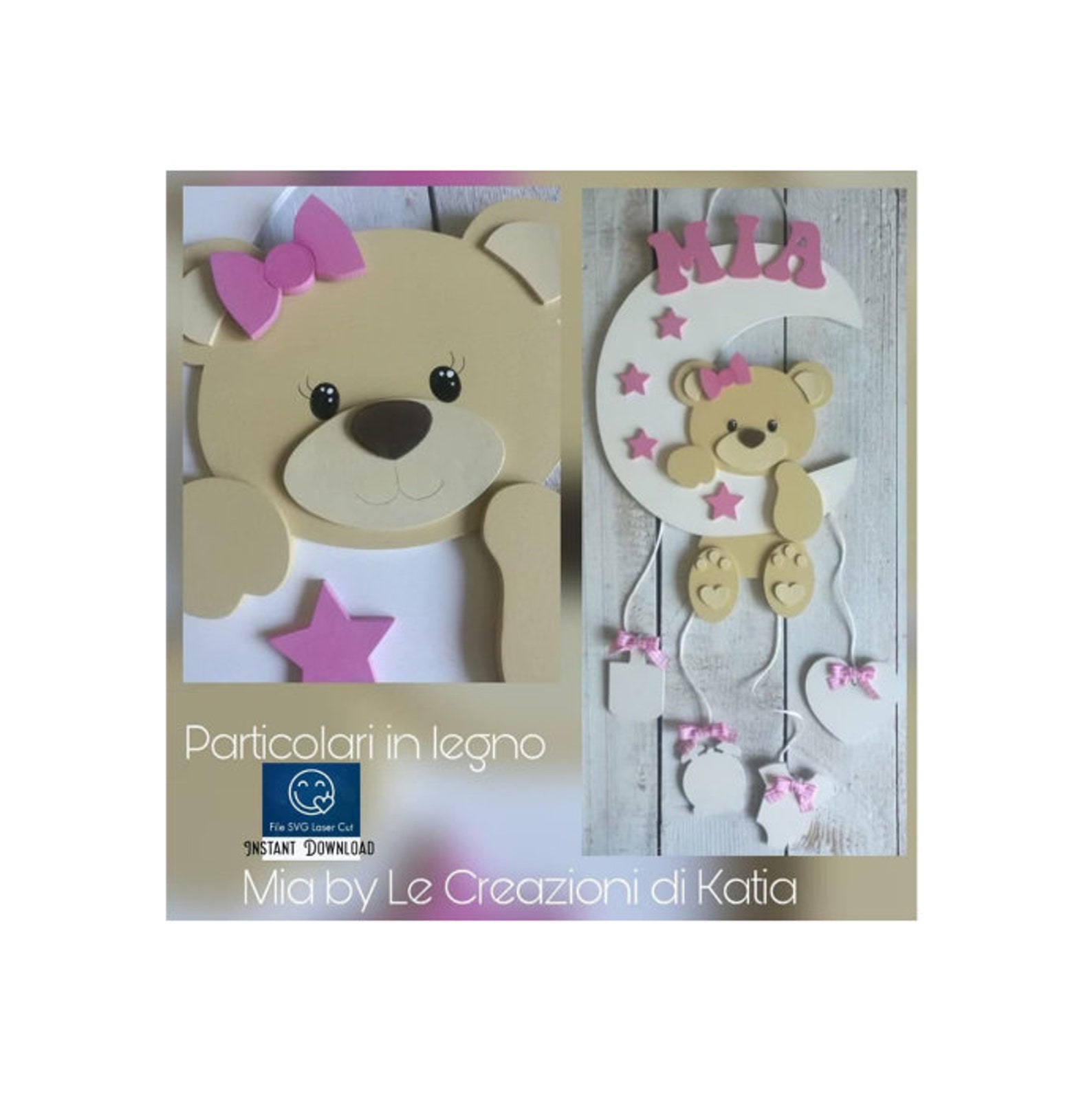 Bear on the moon Teddy bear Baby Name Sign laser cut files Etsy