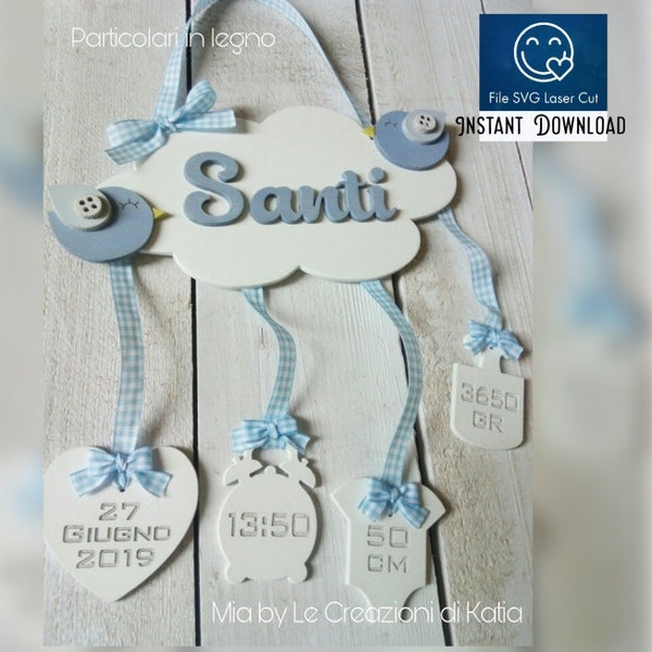 Vogels in een wolk, Baby Name Sign, laser gesneden bestanden SVG, Set Nursery Name Sign, Baby Boy Girl, Multi-layer, bestand laser cut Attive Foto