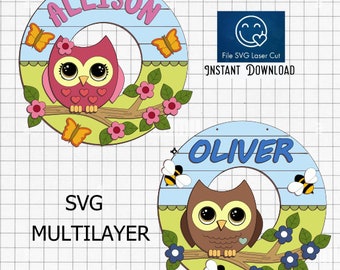 Owl SVG, Baby Name Sign, laser cut files SVG, Set Nursery Name Sign, Baby Boy Girl, Multi-layer, file laser cut