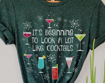 It's Beginning to Look a Lot Like Cocktails Christmas Holiday T-Shirt, Funny Christmas Party Drinking Martini Wine Glass Shirt, Plus Size