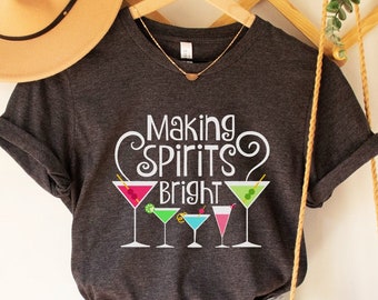 Christmas Martini Shirt, Making Spirits Bright Holiday Cocktail T-shirt, Funny Women's Christmas Wine Martini Glass Drinking, Plus Size