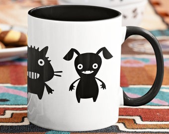 Creepy Cute Kitty Puppy Monster Coffee Mug, Folk Art Mug, Cute Monster Mug, Quirky Gift, Funny Creepy Weird Stuff Quirky Coffee Gift