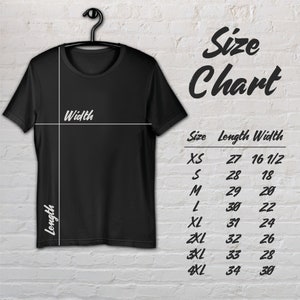May include: Size chart for a black t-shirt with measurements in inches for length and width. Sizes include XS, S, M, L, XL, 2XL, 3XL, and 4XL.