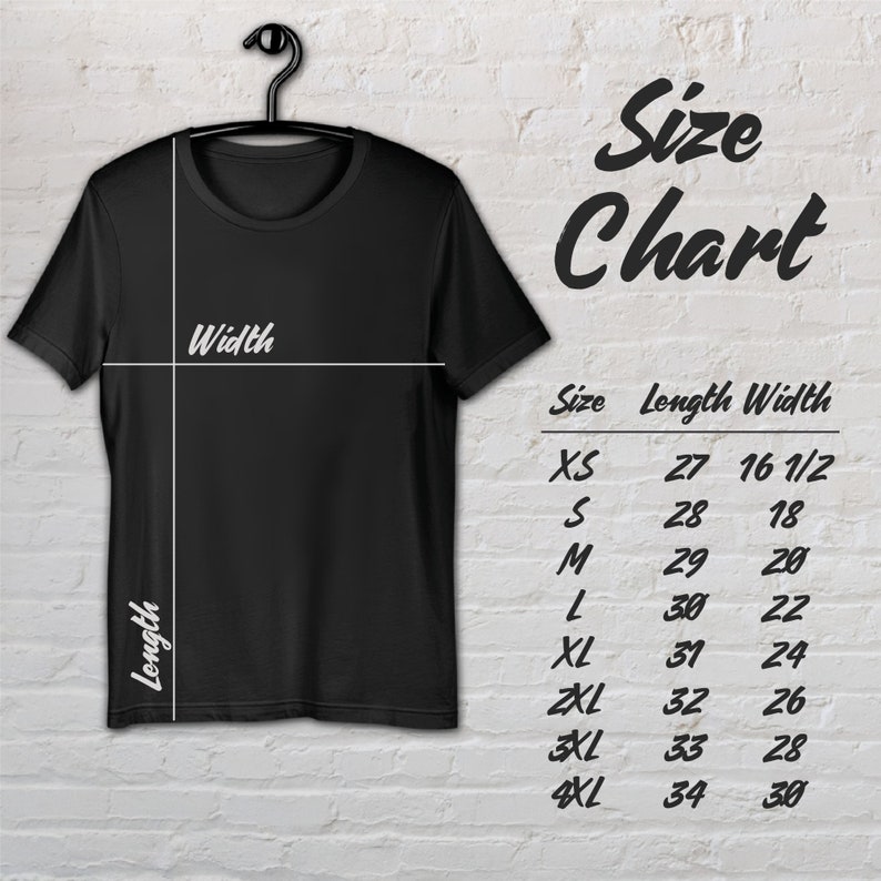 May include: Size chart for a black t-shirt with measurements in inches for length and width. Sizes include XS, S, M, L, XL, 2XL, 3XL, and 4XL.