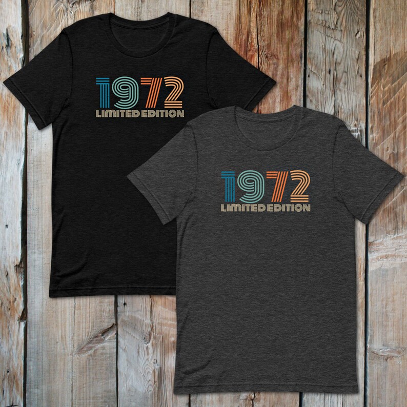 May include: Two t-shirts with a vintage-style graphic design. The shirts are black and dark heather grey. The graphic features the year 1972 in a multi-colored striped font with the text "Limited Edition" underneath.