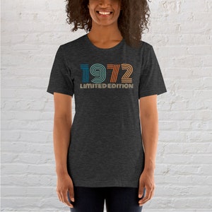 May include: A dark heather grey t-shirt with a vintage-style graphic of the year 1972 in rainbow colors. The text "Limited Edition" is printed below the year.
