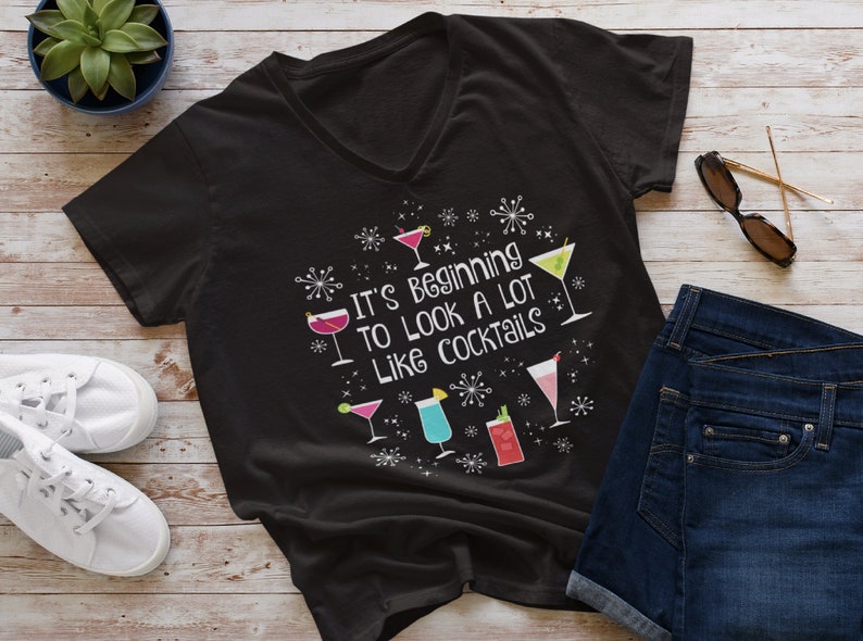 It's Beginning to Look a Lot Like Cocktails Christmas Holiday V-Neck T-Shirt, Funny Christmas Party Drinking Martini Glass Shirt, Plus Size image 1